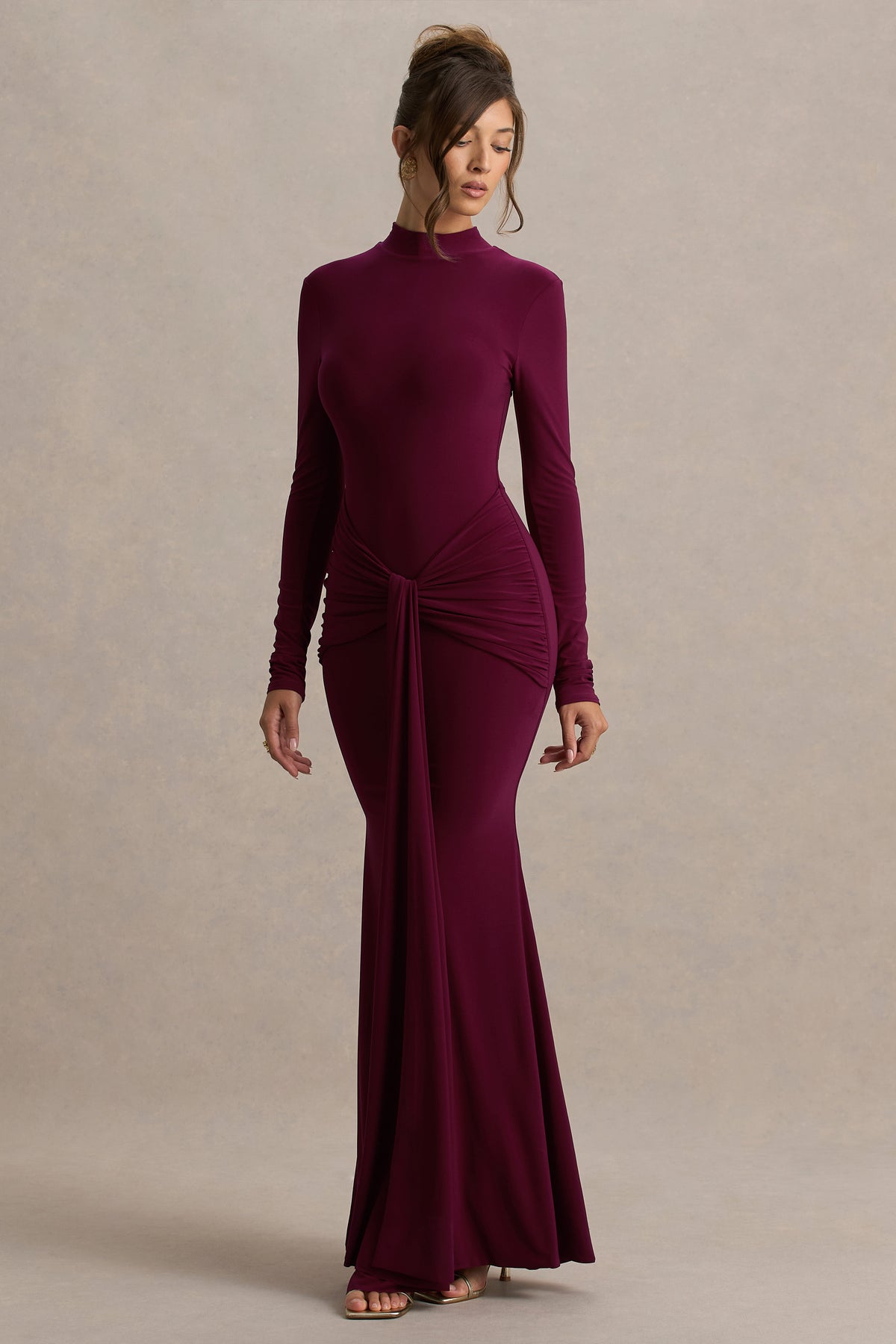 Pietra Berry High-Neck Long Sleeve Knot Maxi Dress Club L London - CA Pietra Berry High-Neck Long Sleeve Knot Maxi Dress Club L London - CA