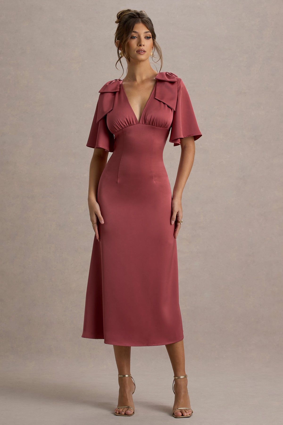 Danna Rose Pink Satin V-Neck Short-Sleeve Midi Dress Club L London - CA Danna Rose Pink Satin V-Neck Short-Sleeve Midi Dress Club L London - CA