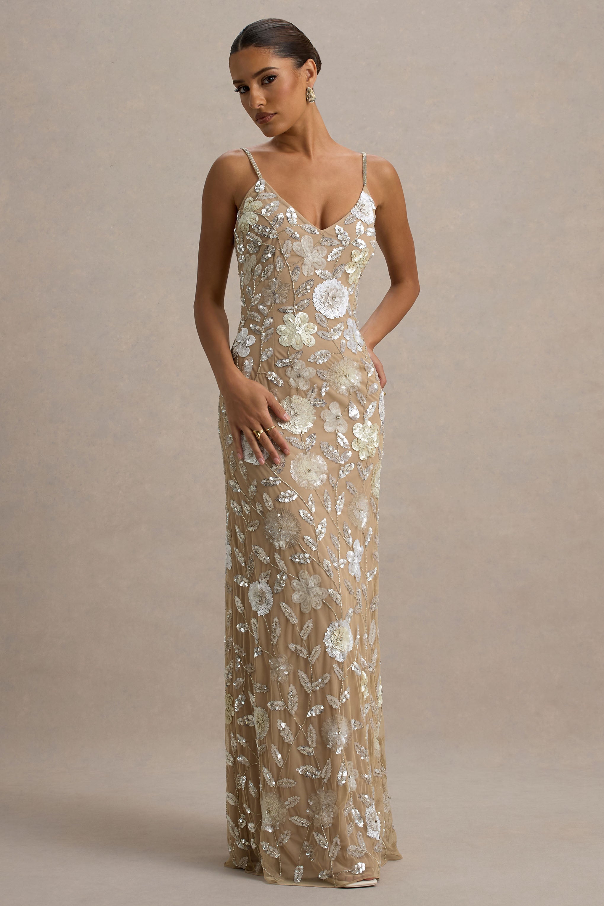 ❤︎ℳ's Gracy❤︎ Floral Glitter Dress Gemini | Floral Sequin Hand-Embellished Strappy Maxi Dress – Club