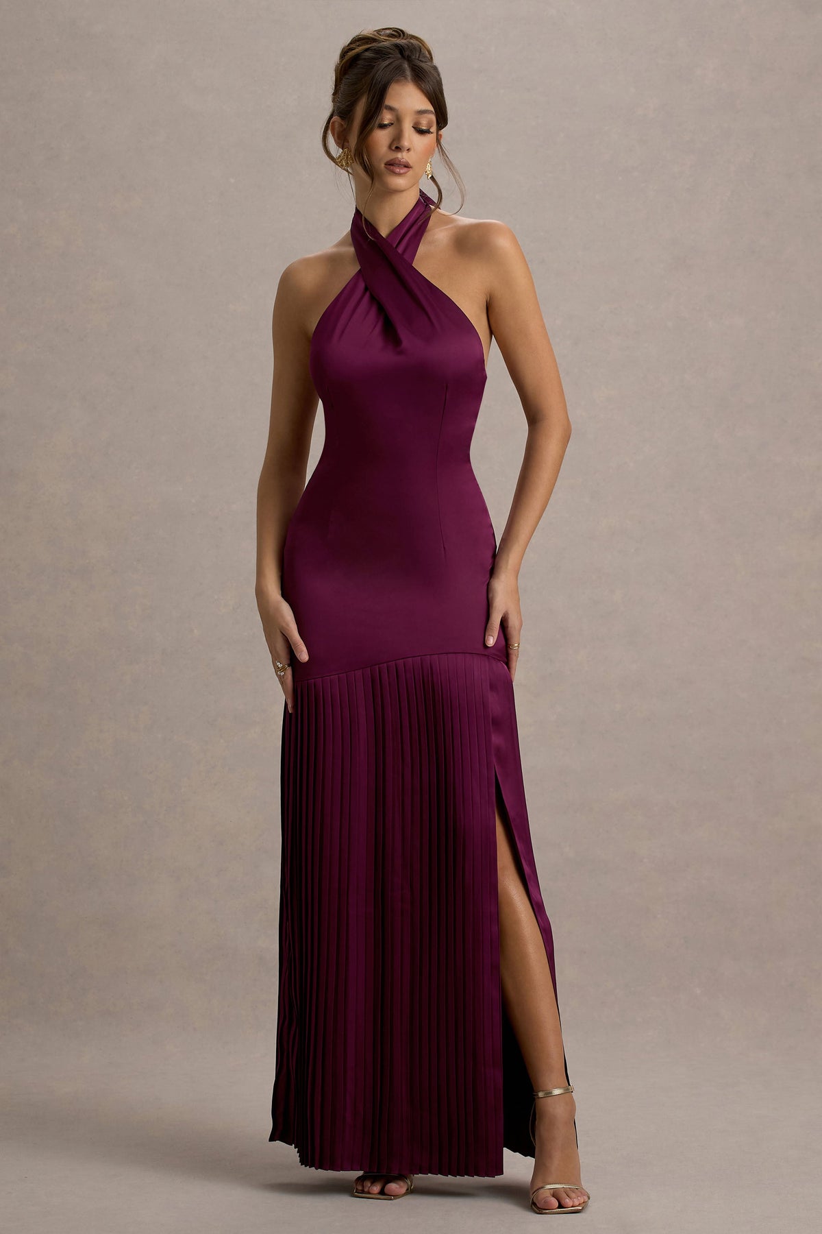Sansa Burgundy Satin Cross Halter-Neck Plisse Maxi Dress Club L London - CA Sansa Burgundy Satin Cross Halter-Neck Plisse Maxi Dress Club L London - CA