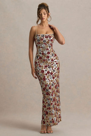 Vitora | Red Floral Sequin Bandeau Maxi Dress With Back Split