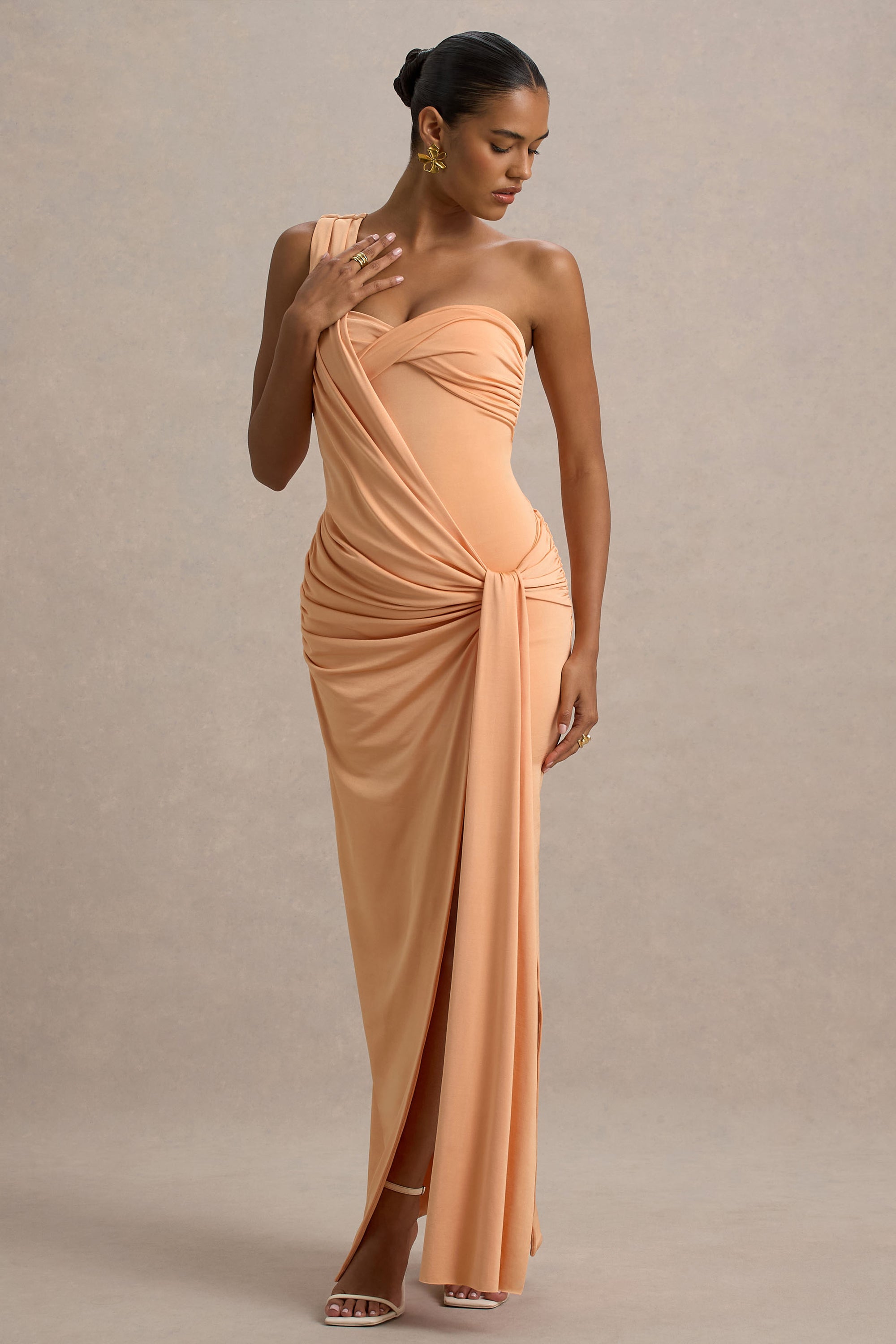 Erminia | Peach One-Shoulder Twist Wrap Maxi Dress – Club L London