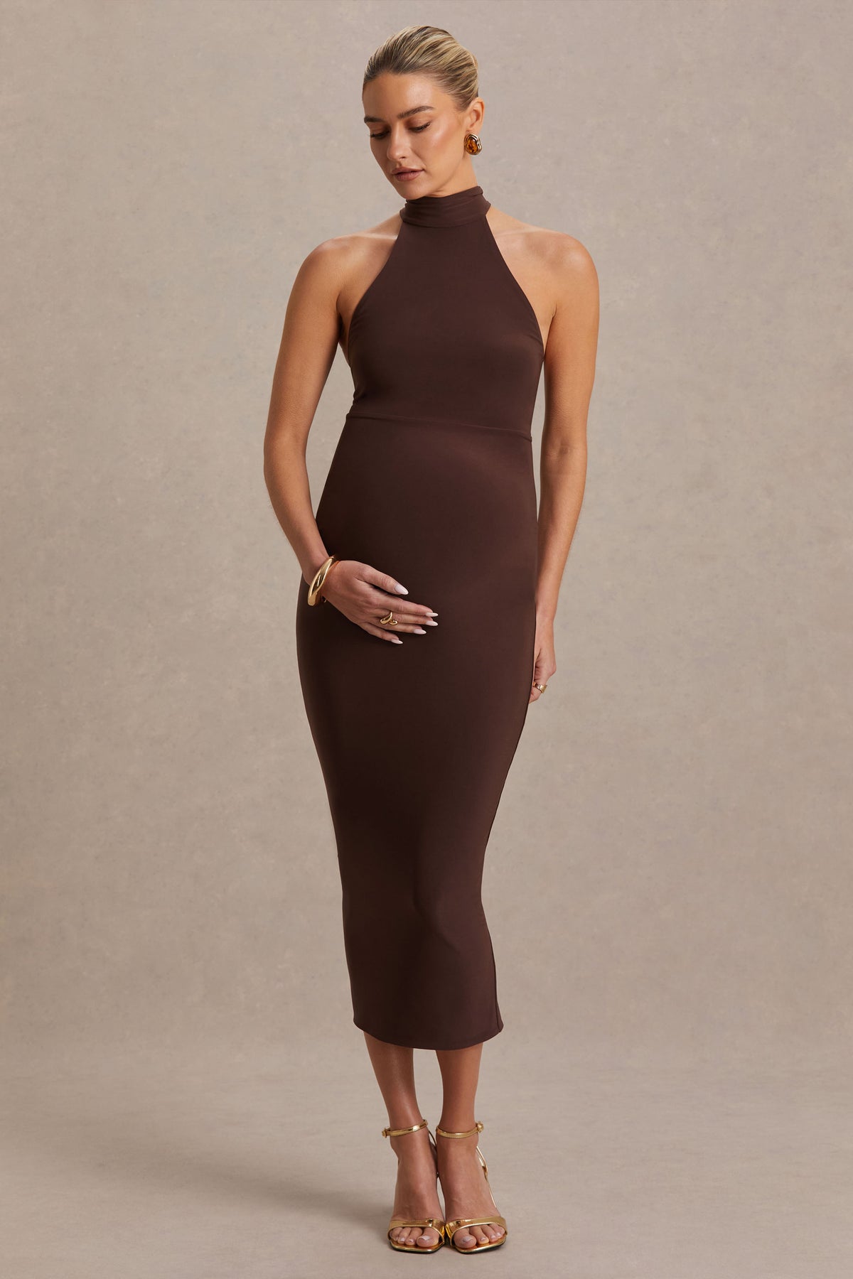 princess polly baby blue dress Mireille Brown Halter-Neck Maternity Midi Dress Club L London princess polly baby blue dress Mireille Brown Halter-Neck Maternity Midi Dress Club L London