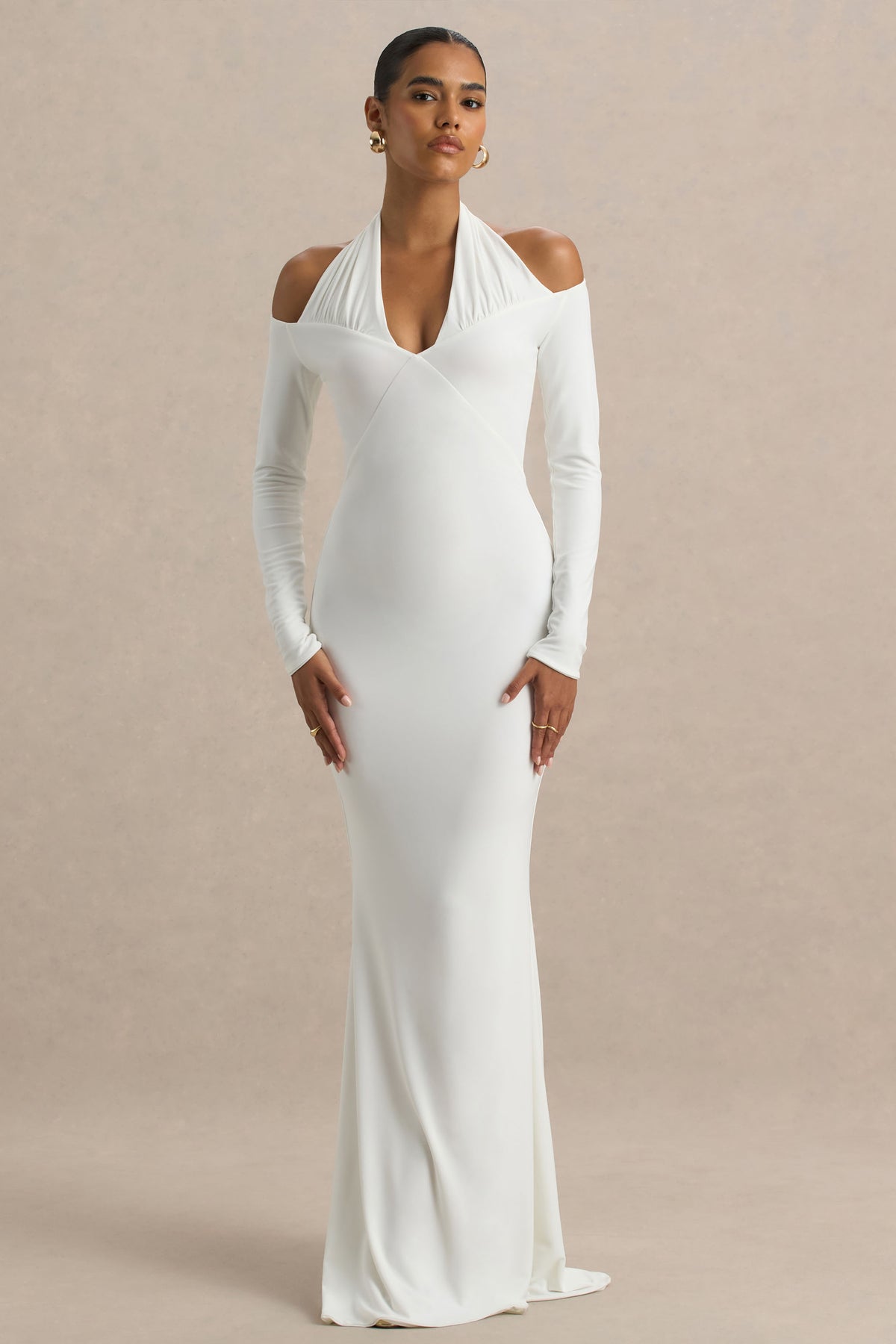 Living High White Halter-Neck Maxi Dress With Long Sleeves Club L London - CA Living High White Halter-Neck Maxi Dress With Long Sleeves Club L London - CA