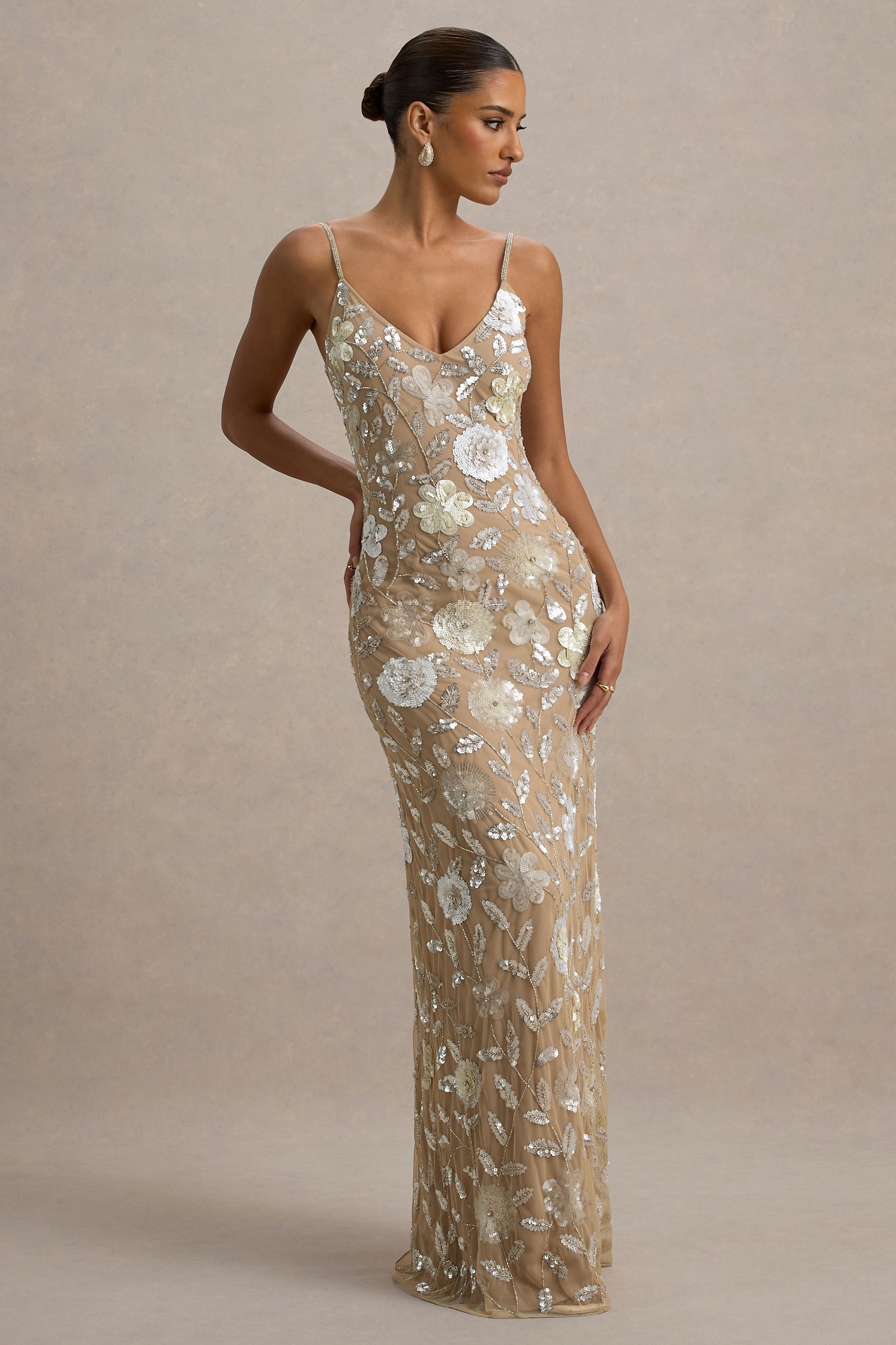 Gemini | Floral Sequin Hand-Embellished Strappy Maxi Dress – Club
