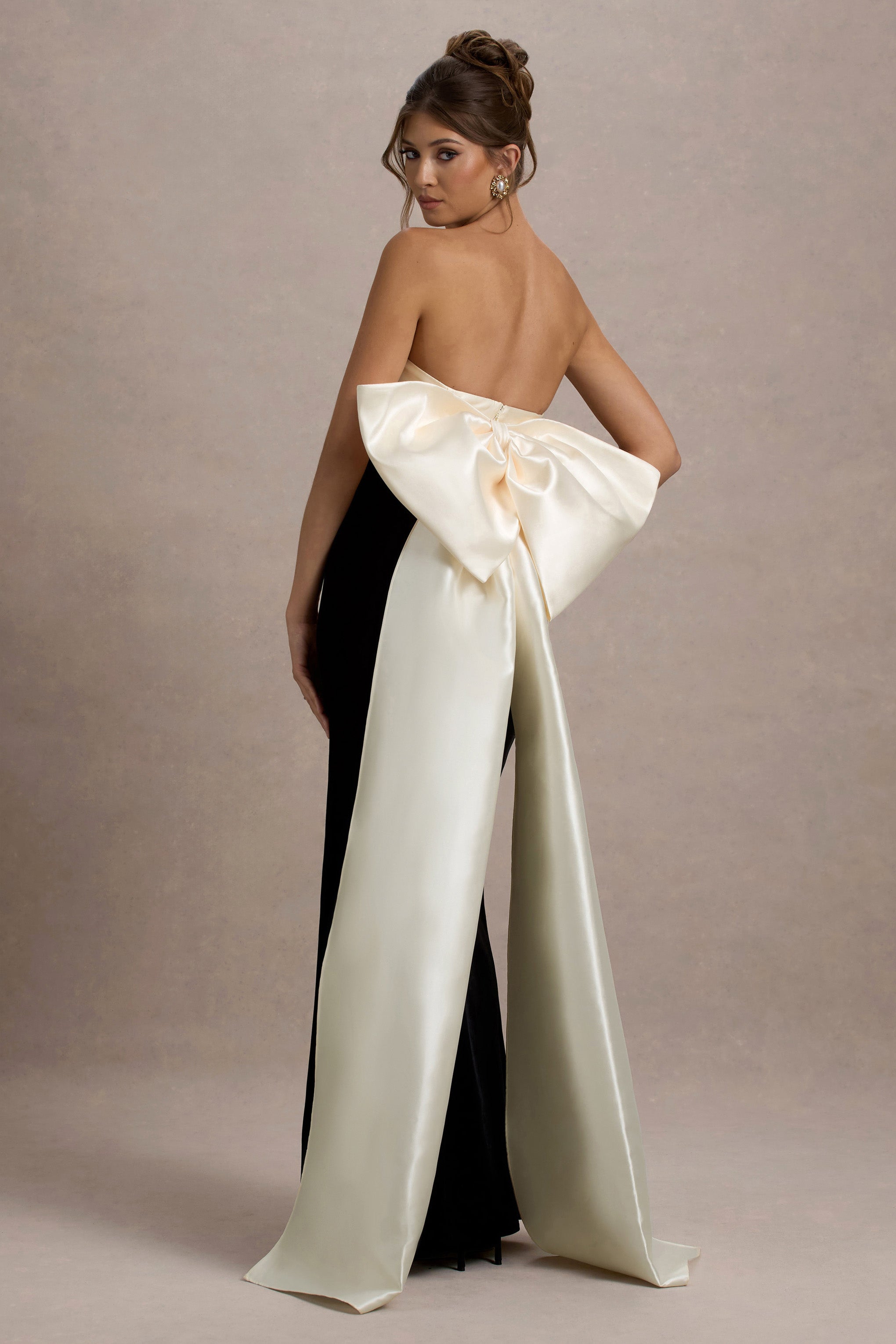 Take A Bow | Black & Cream Velvet Strapless Maxi Dress With