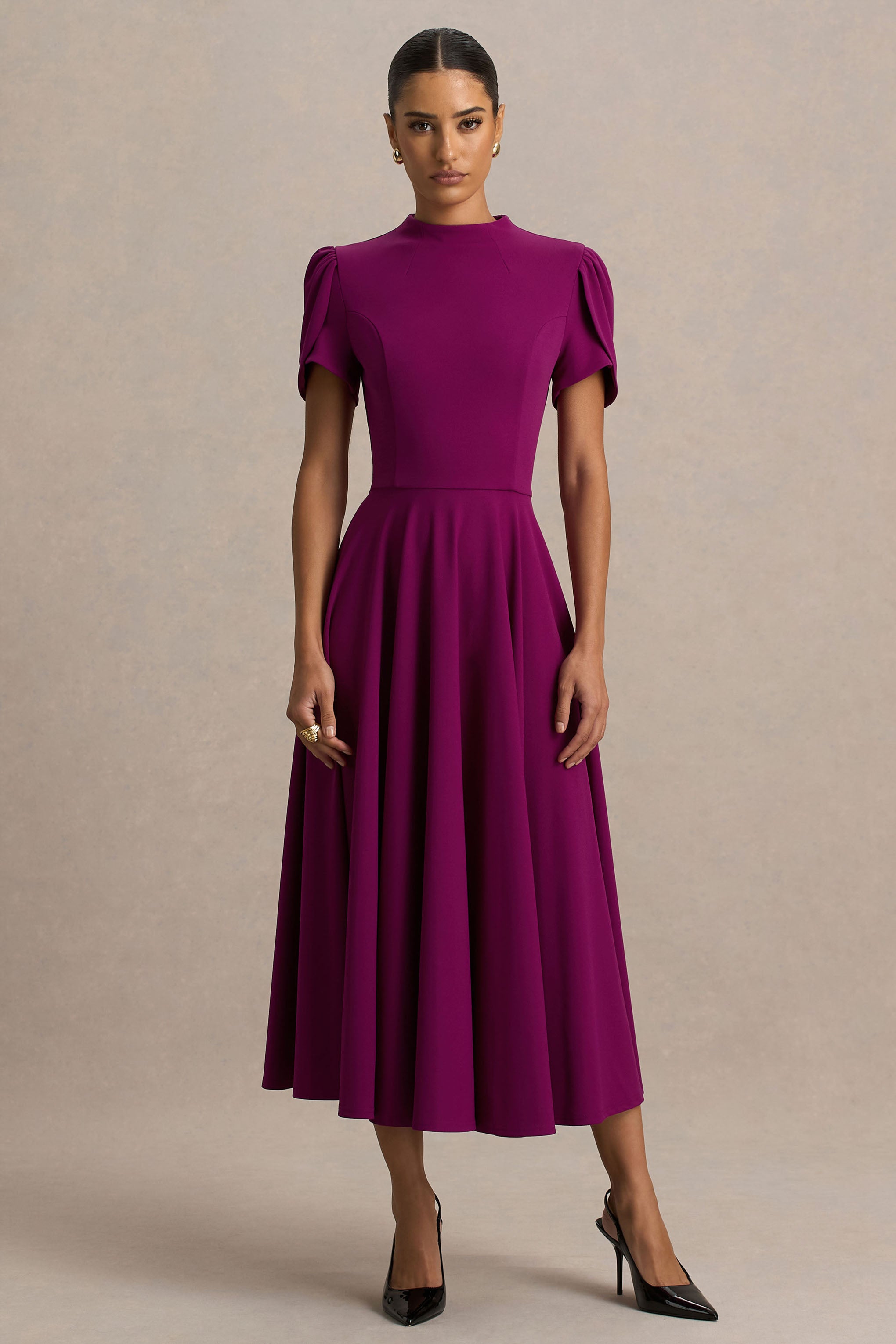 Vicky | Mulberry High Neck Midi Dress With Puff Sleeves – Club L