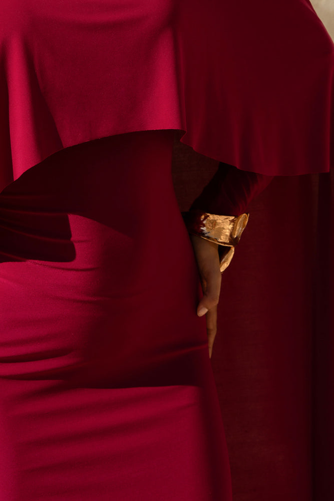 Belinda Burgundy Draped Maxi Dress With Cape Sleeves – Club