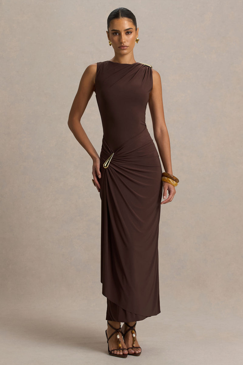 Fiora Robe longue marron à col montant avec détails métalliques – Club ...