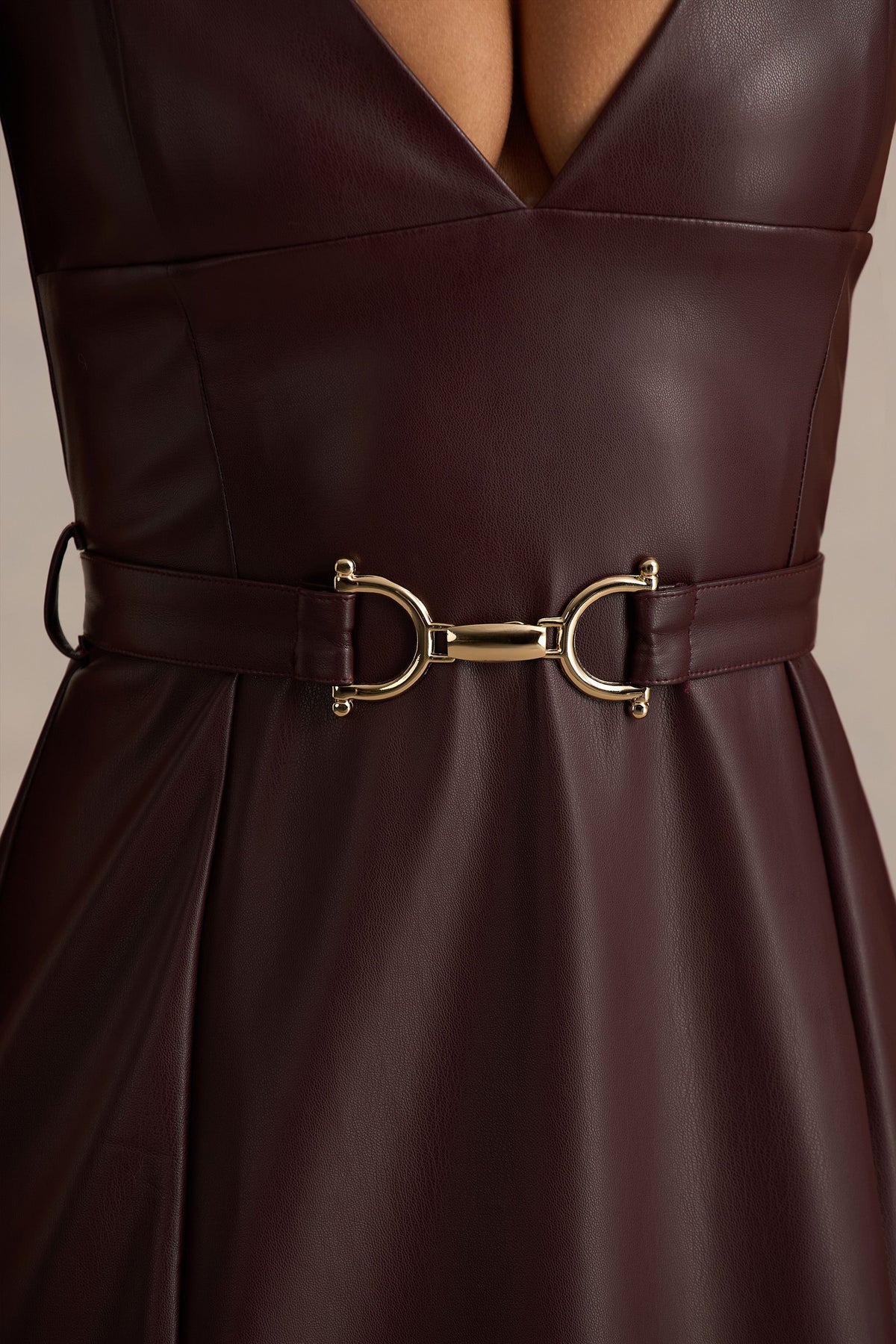 Lila Burgundy Faux Leather Plunge-Neck Maxi Dress With Split Club L London - CA Lila Burgundy Faux Leather Plunge-Neck Maxi Dress With Split Club L London - CA