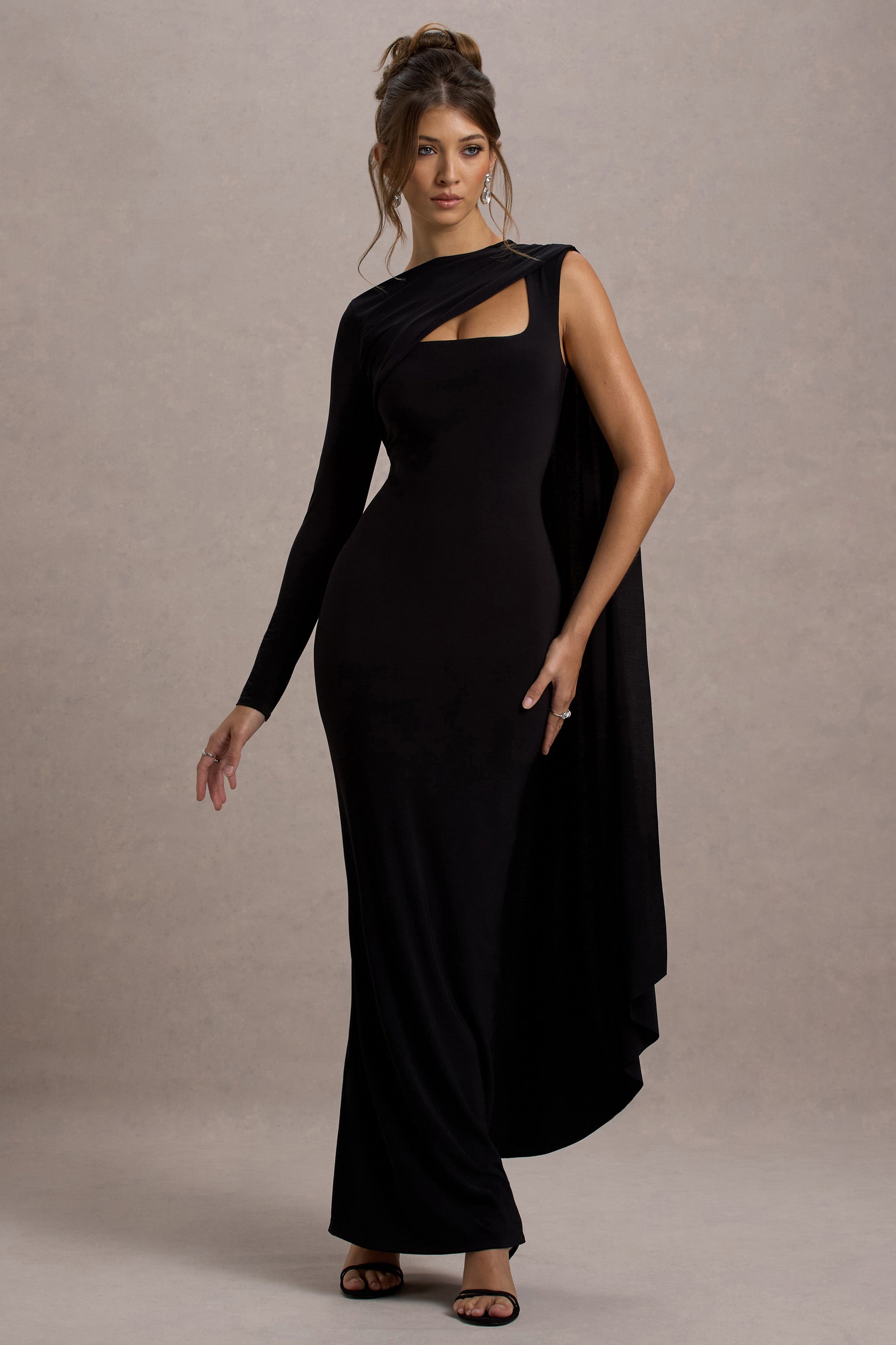 Ashini | Black One-Sleeve Maxi Dress With Cape – Club L London - CA