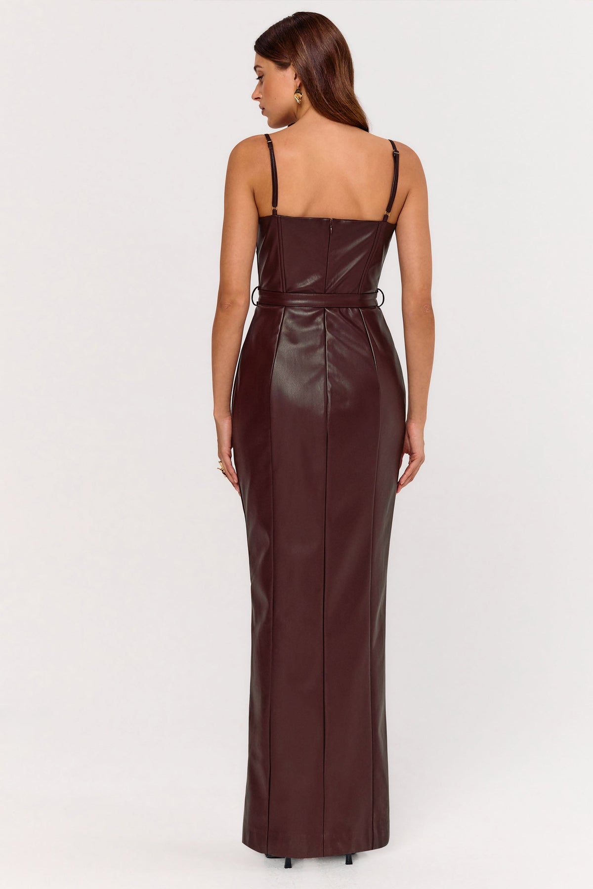 Lila Burgundy Faux Leather Plunge-Neck Maxi Dress With Split Club L London - CA Lila Burgundy Faux Leather Plunge-Neck Maxi Dress With Split Club L London - CA