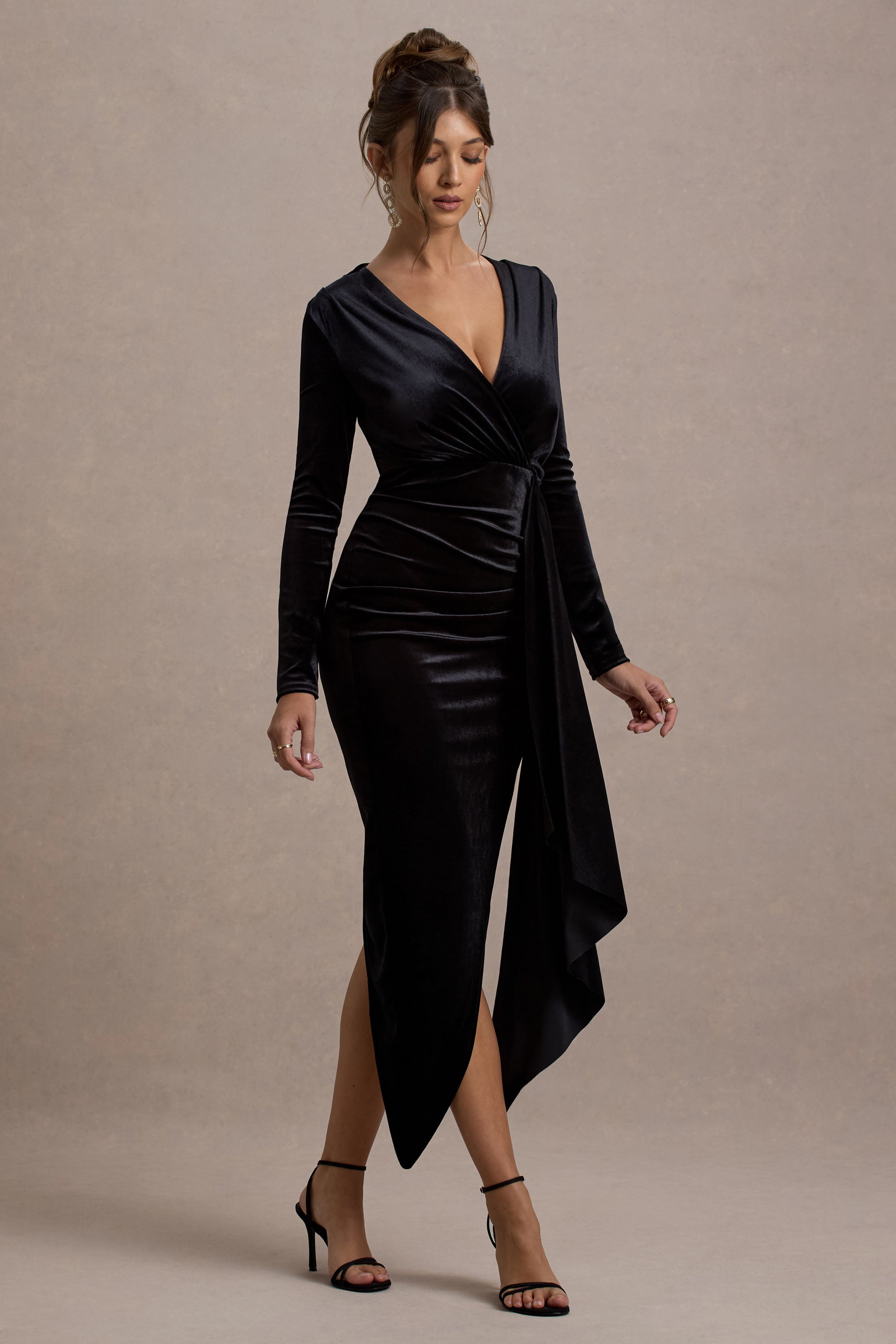 Arcadia | Black Velvet Plunge-Neck Wrap Midi Dress – Club L London