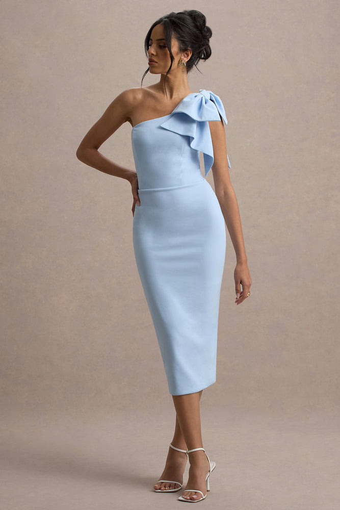Ambretta Powder Blue One-Shoulder Midi Dress With Bow – Club L