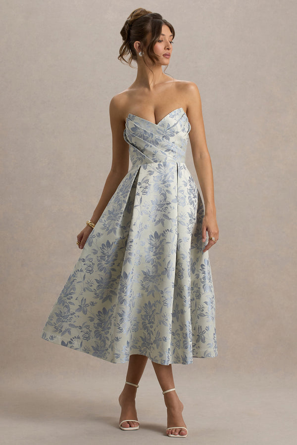 One Wish Light Blue Jacquard Sweetheart Midi Dress Club L London - CA One Wish Light Blue Jacquard Sweetheart Midi Dress Club L London - CA