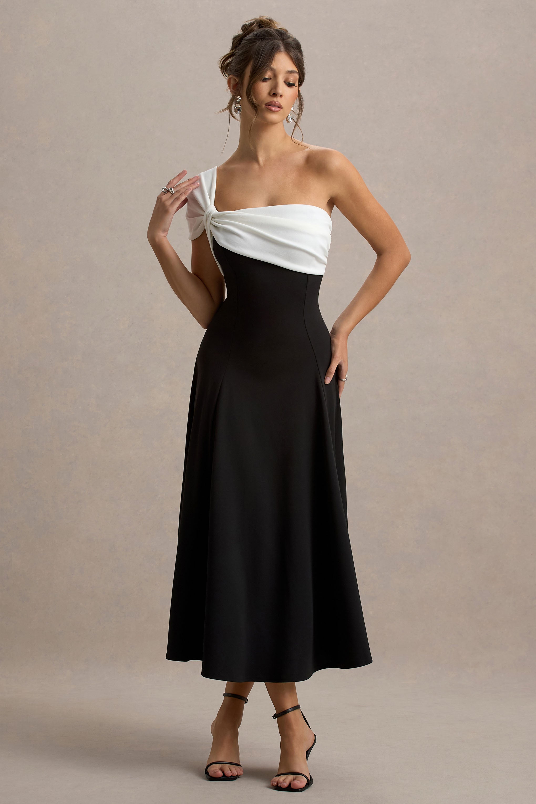 Malta | Black & White One-Shoulder Midi Dress – Club L London - CA