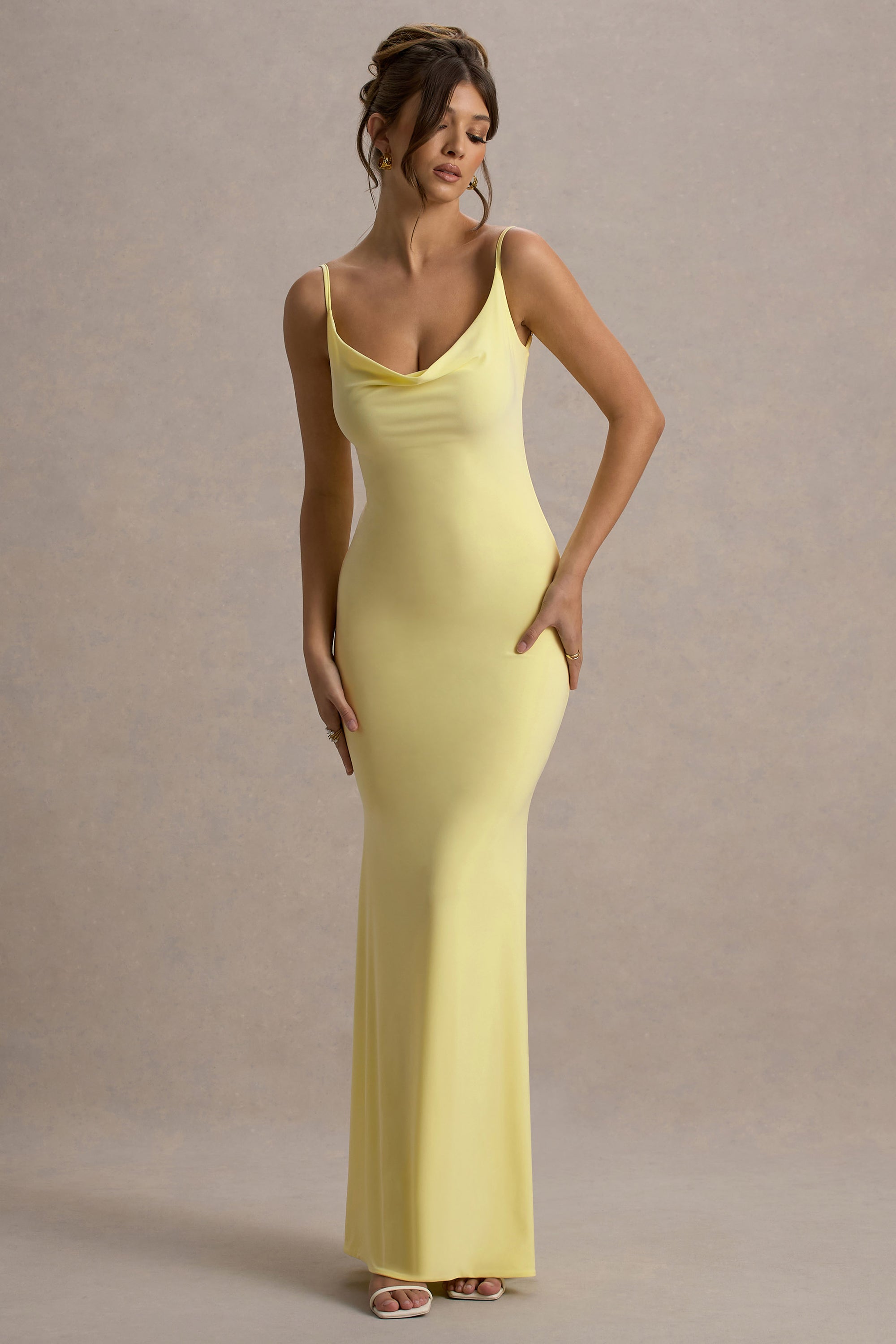 Francoise | Lemon Cowl Neck Backless Maxi Dress With Lace Insert – Club L London