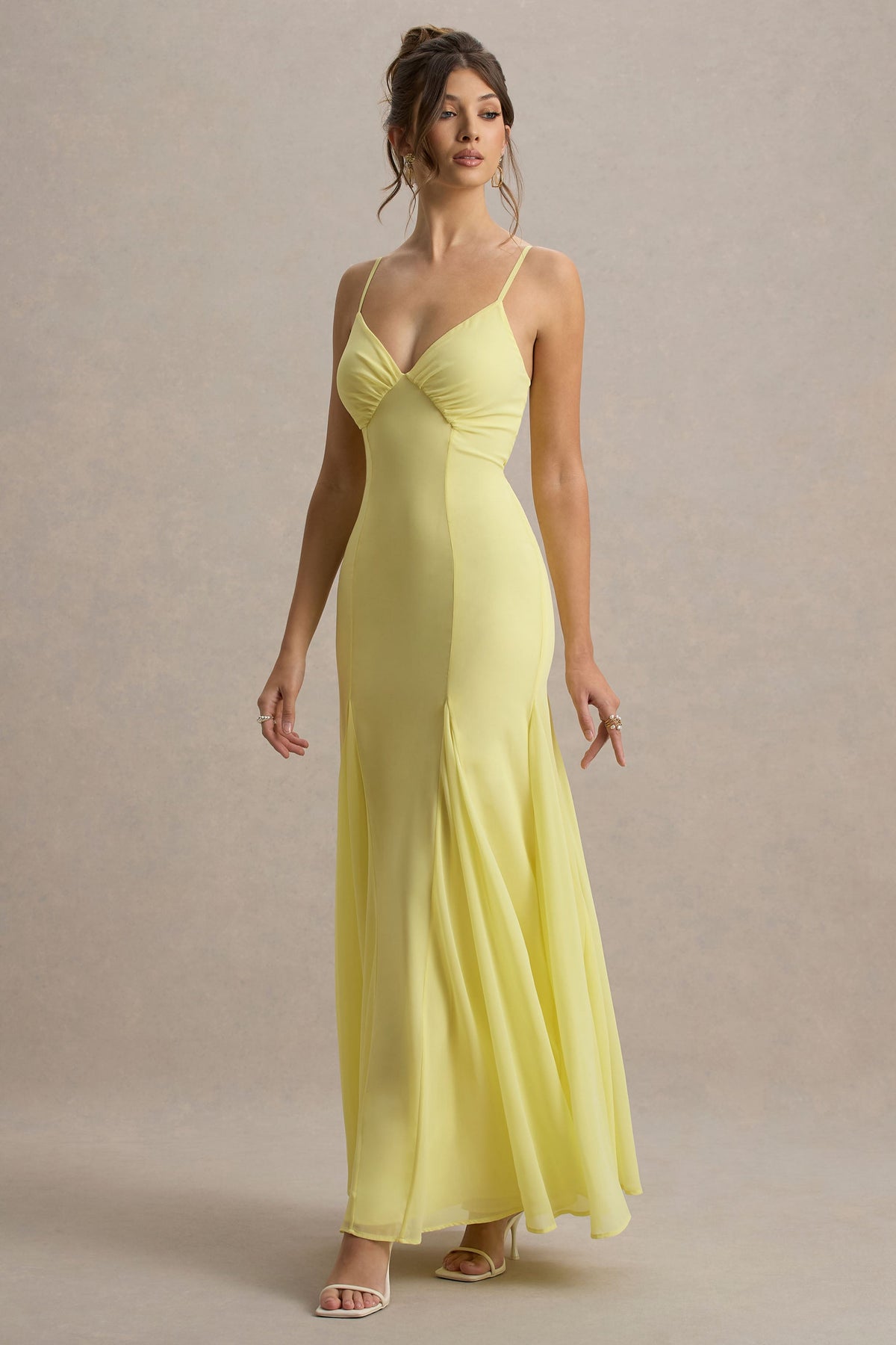 Massie Lemon Chiffon Strappy Maxi Dress With Volume Hem Club L London - CA Massie Lemon Chiffon Strappy Maxi Dress With Volume Hem Club L London - CA