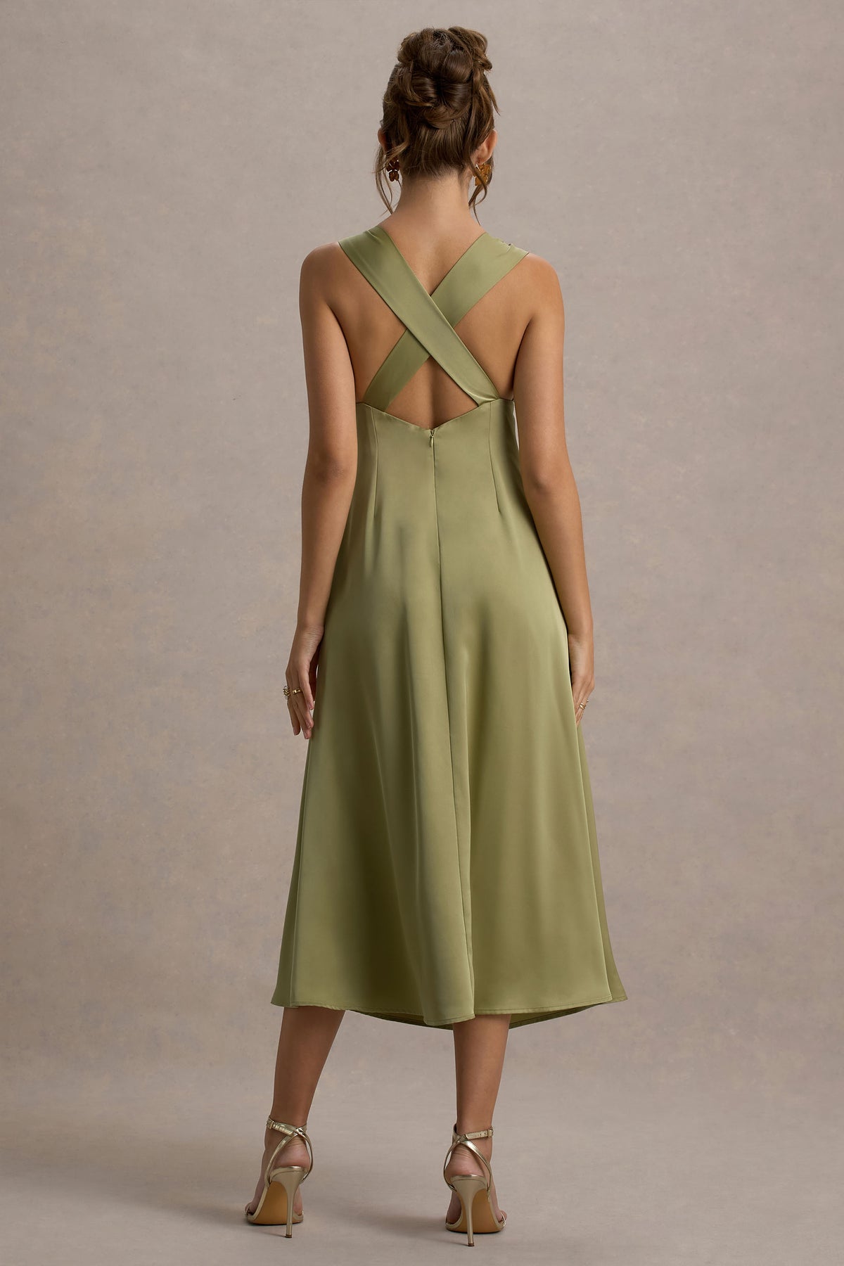 Beck Light Green Satin Plunge-Neck Cross-Back Midi Dress Club L London - CA Beck Light Green Satin Plunge-Neck Cross-Back Midi Dress Club L London - CA