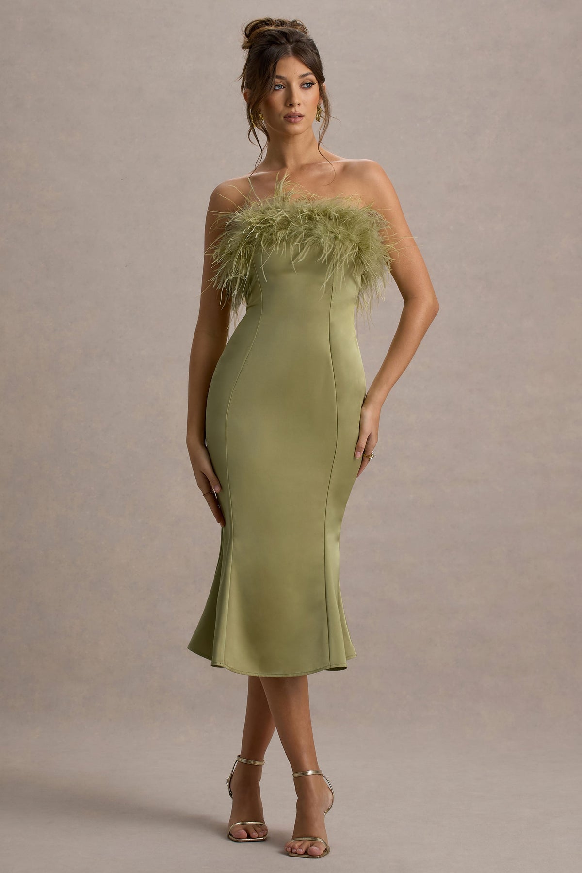 One And Only Light Green Satin Feather Trim Bandeau Midi Dress Club L London - CA One And Only Light Green Satin Feather Trim Bandeau Midi Dress Club L London - CA