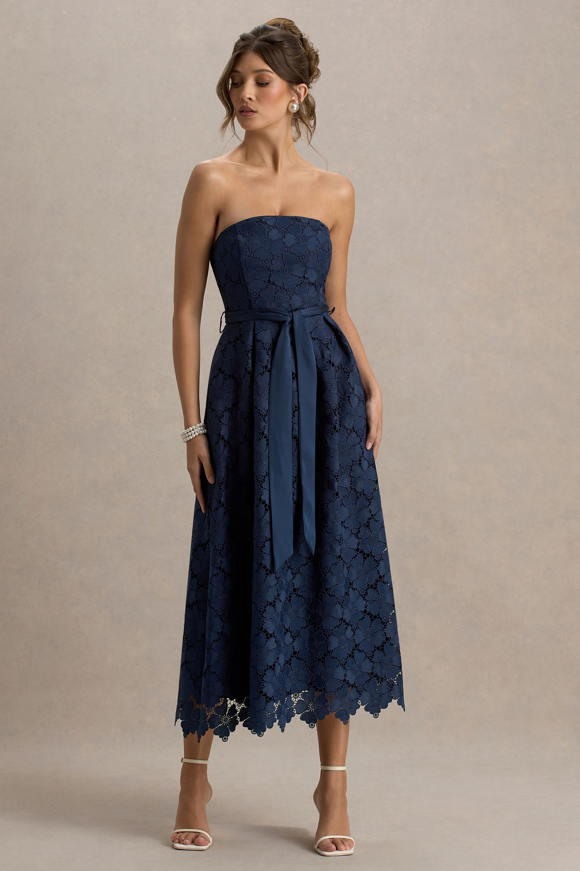 navy bandeau skater midi dress Danni Strapless Bandeau Midi Dress Navy Girl In Mind