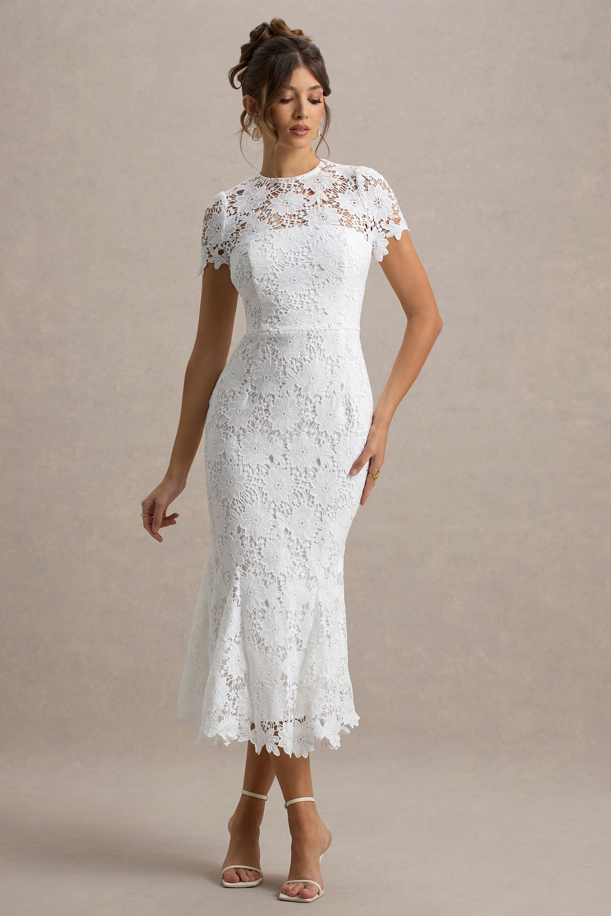 Clarissa | White Lace High Neck Short Sleeve Midi Dress – Club L