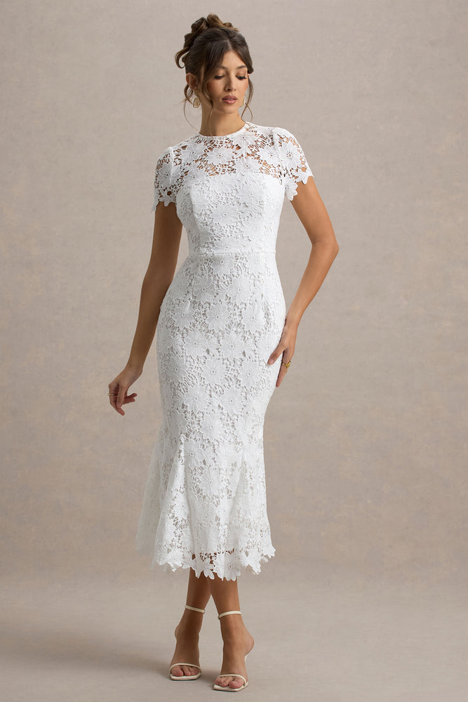 Clarissa White Lace Short-Sleeve Pleated Midi Dress – Club L