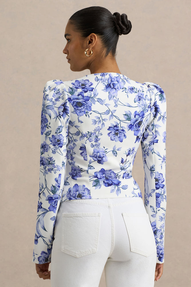 Olympia Blue Floral Print Sweetheart-Neck Tailored Top – Club L