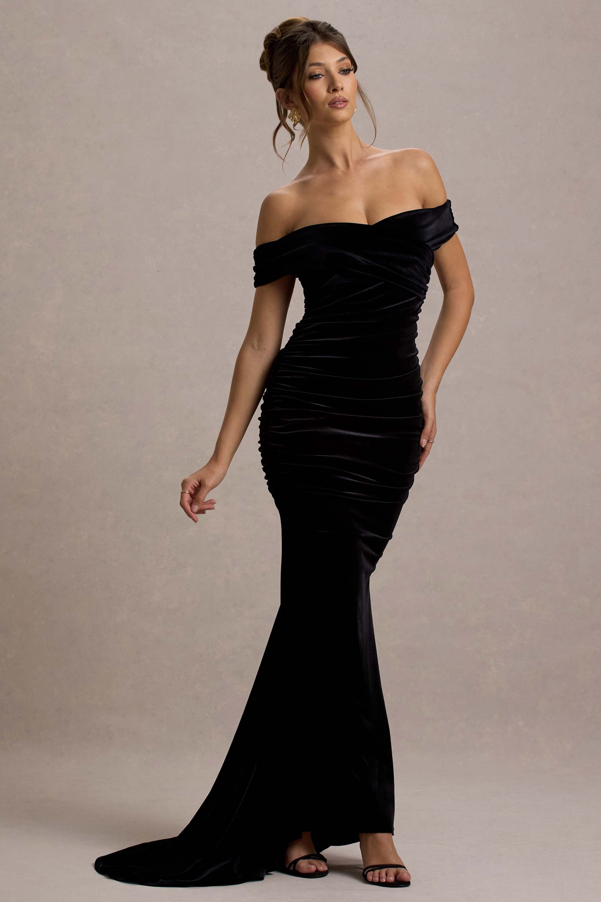 Bonjour diary Black velvet dress 4y ベロア Apolline | Black Velvet Off The Shoulder Ruched Fishtail Maxi