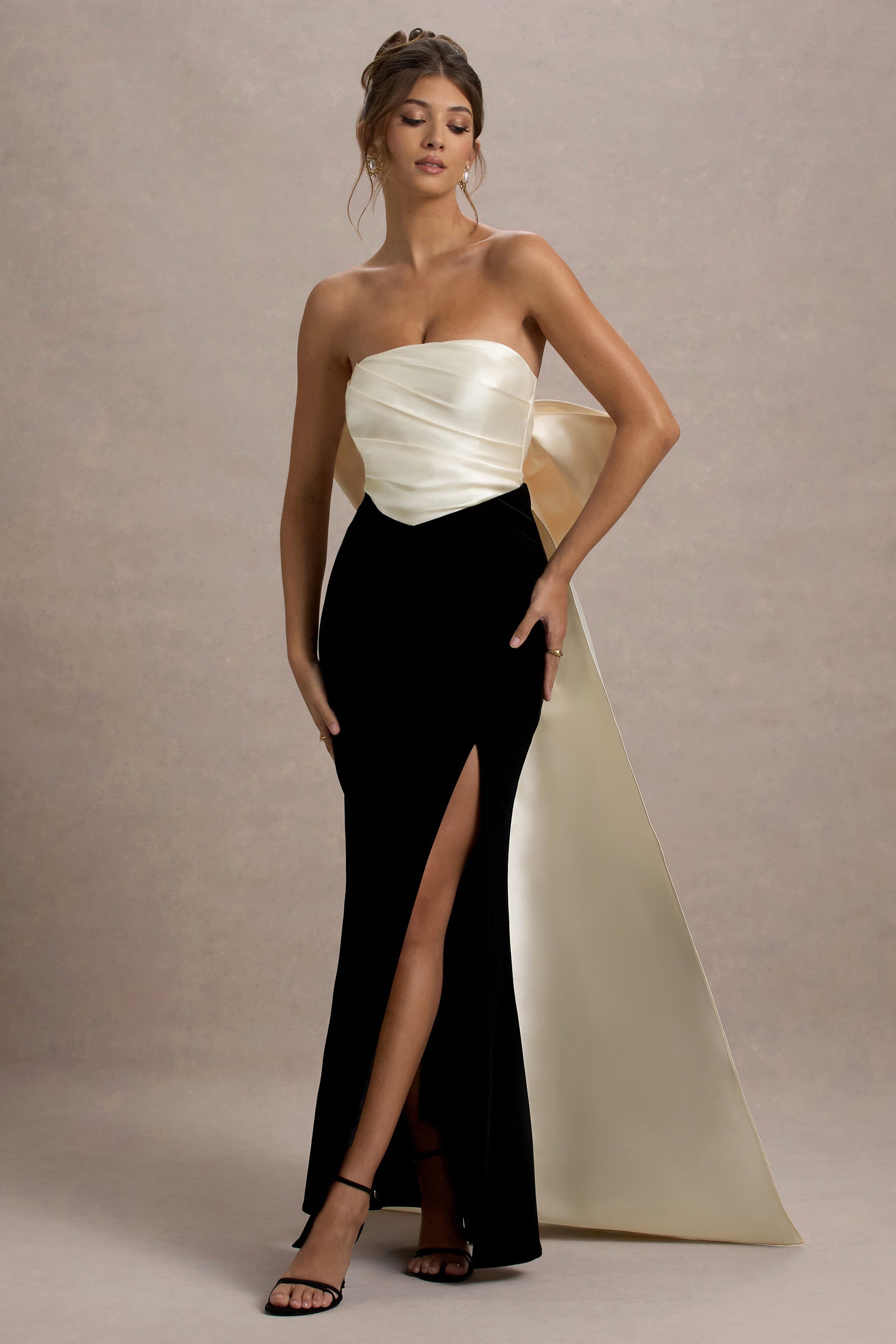 Take A Bow | Black & Cream Velvet Strapless Maxi Dress With