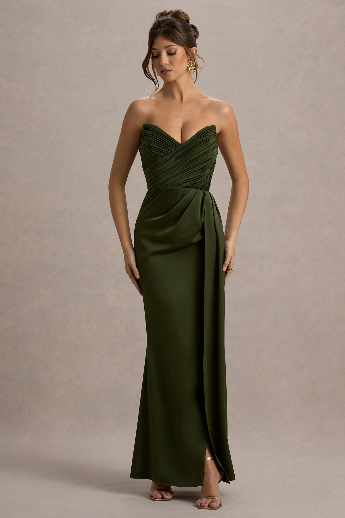 Edel Olive Satin Strapless Maxi Dress With Drape Club L London - CA Edel Olive Satin Strapless Maxi Dress With Drape Club L London - CA