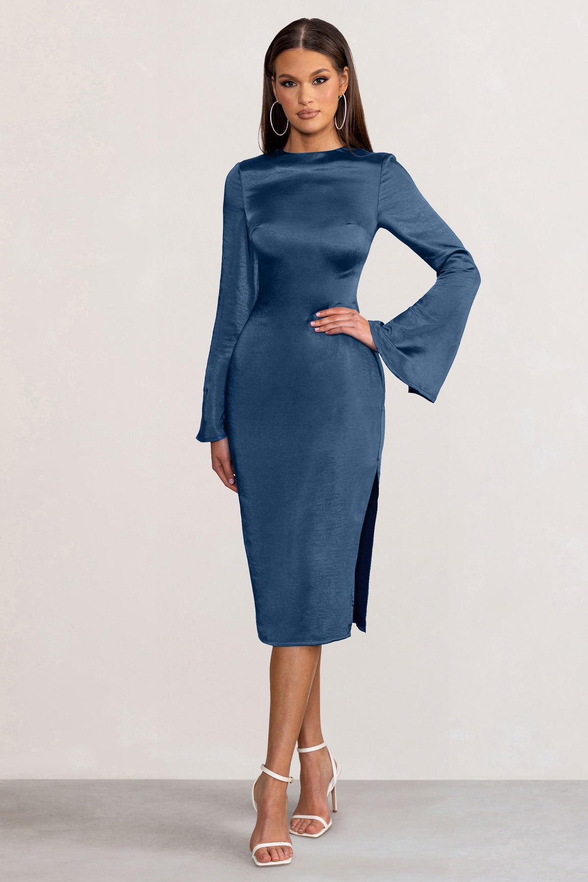 Laura Navy Satin Long Sleeve Midi Dress Club L London CA